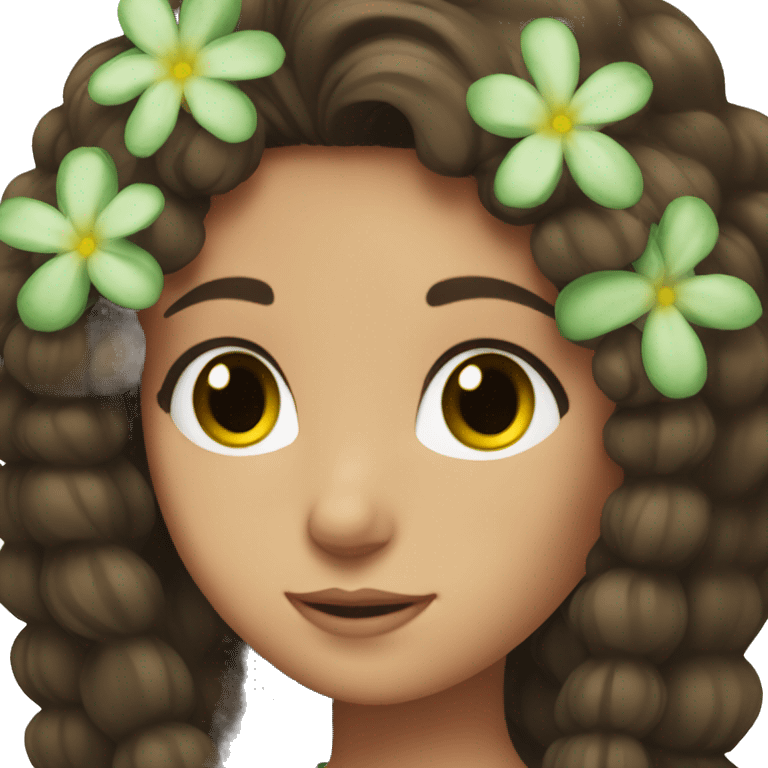 brunette with flower in her hair and green eyes emoji