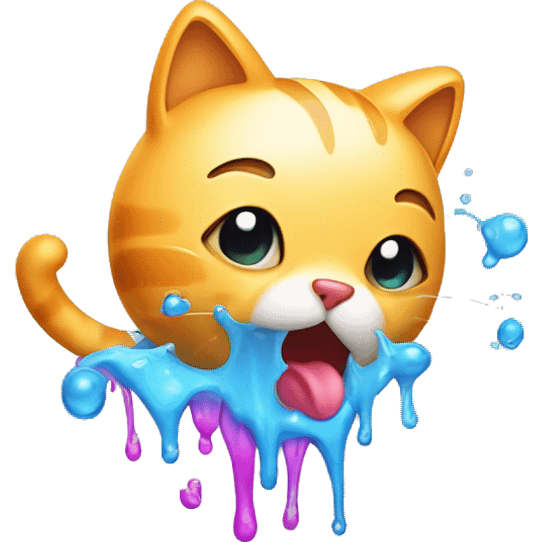 A cute cat character looking unwell, with a colorful stream of liquid coming from its mouth, depicted in a cartoonish and playful style emoji