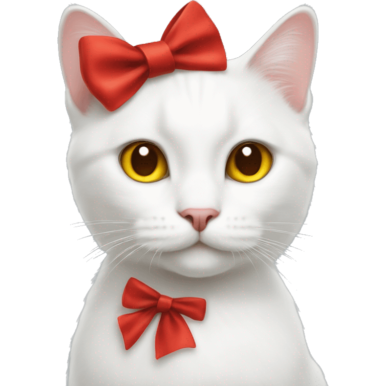 A white cat with a red bow and a a yellow nose  emoji