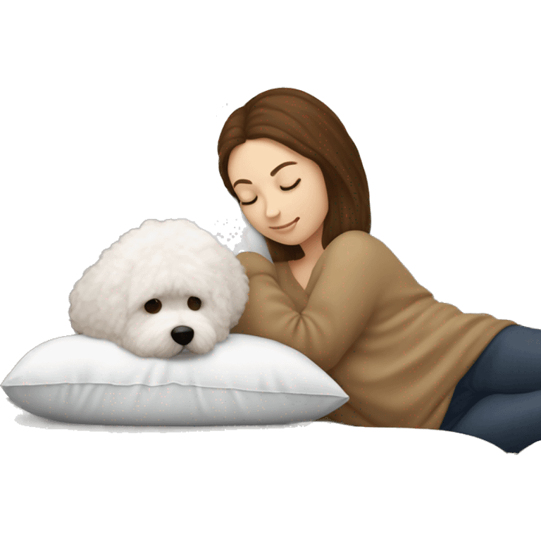 white pillow and a blanket, a white-skinned, brown-haired woman is sleeping with a little Bichon Friese emoji