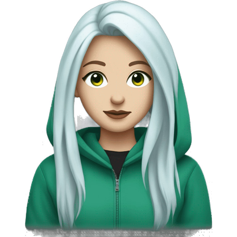 white girl with long blue hair in a wolf cut, blue eyes, wearing an unzipped green hoodie with a black tshirt underneath emoji