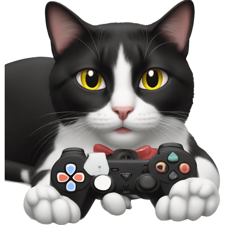 Tuxedo cat using a PlayStation  emoji