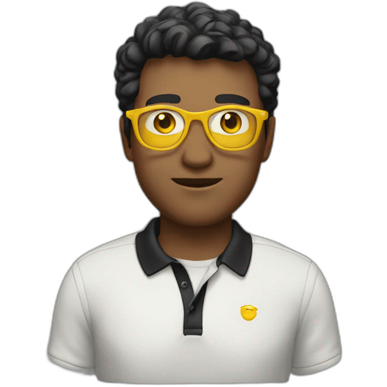 White man with yellow tinted glasses and black hair in a polo shirt emoji