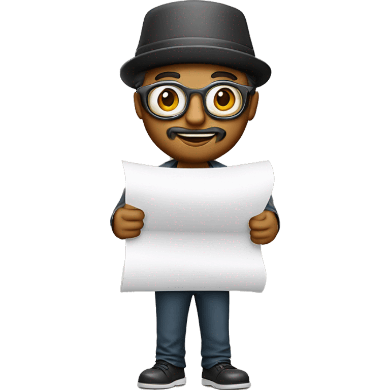 designer with hat, paper, pilot-shaped glasses, a light beard and holding a paper in his hand, smi emoji