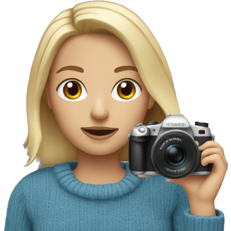 Short blonde in blue sweater holding camera emoji