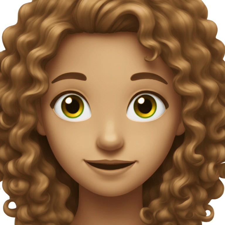 girl with brown long curly hair smiling with green eyes emoji