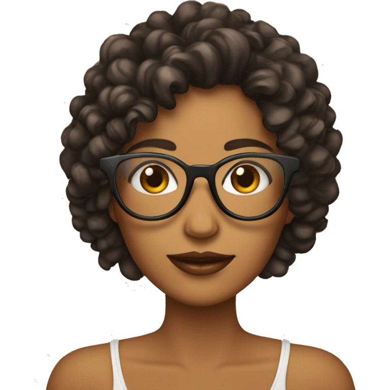 Mujer con pelo rizado café con lentes negros piel clara  emoji