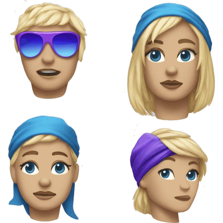 a white background emote, a moai, white pyt viper blue bezel with purple reflection, a blonde wig year 80 with a blue bandana on the forehead emoji