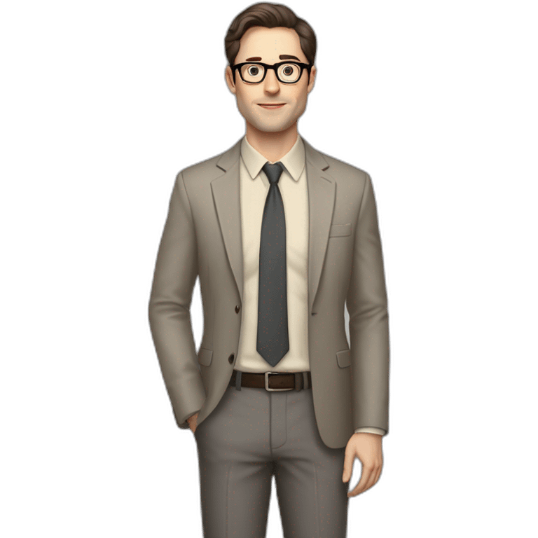 Full height Pale skinned Fit Man With dark brown hair in gray jacket, beige office shirt, tie, Brown pants and vintage glasses. Thrumbs of his palms directed up emoji