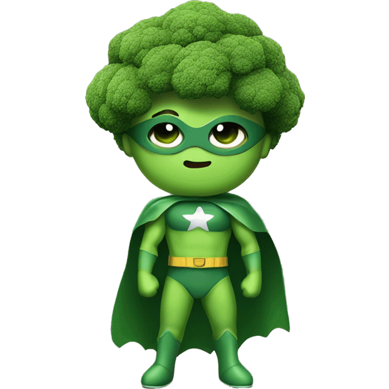 kawaii cute funny mini superhero with green clothes and a broccolis as hair,  full body saying hello emoji