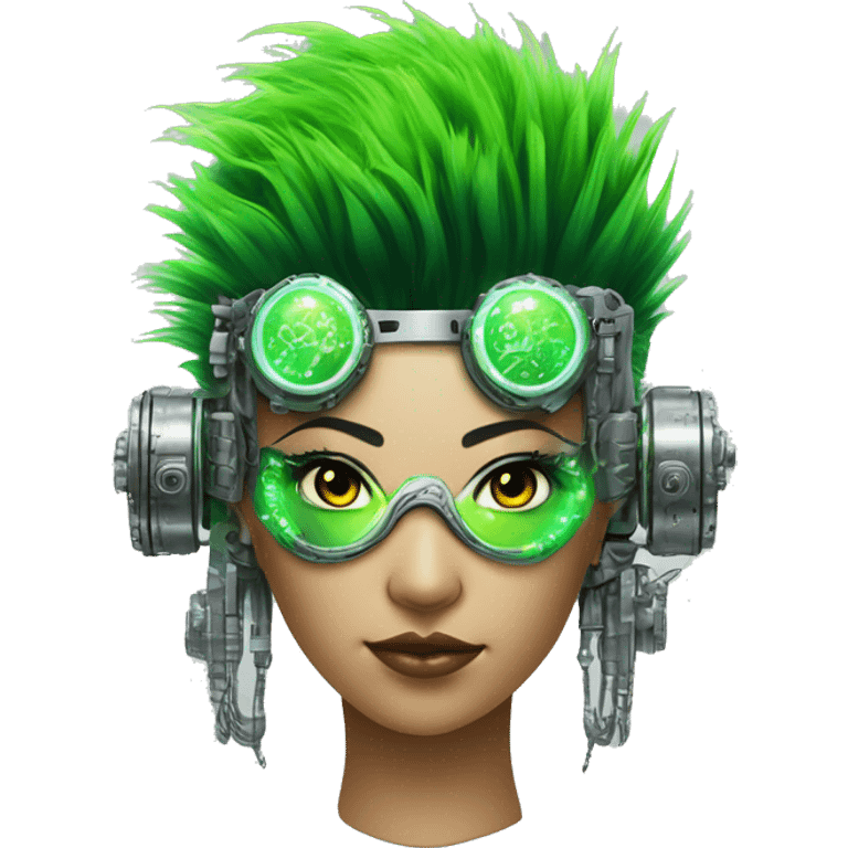 Neon green Mohawk hair Asian female cyborg head with silver steampunk goggles and circuits emoji