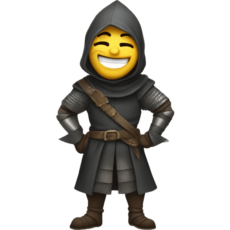 A medieval thief that is laughing very hard after just committing a crime.  the thief is wearing armor emoji