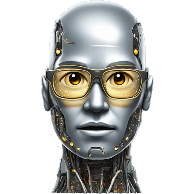 Male cyborg head with metallic skin, flat top, rectangular glasses and circuits emoji