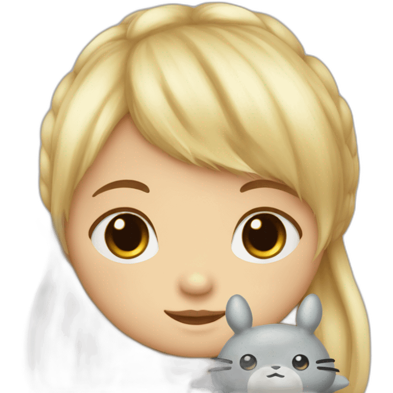 bébé fille blonde décoiffée avec une peluche Totoro  emoji