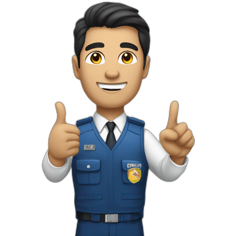 A PERUVIAN SECURITY AGENT, IN A BLUE VEST AND WHITE SHIRT. SAYING OK WITH THE HAND. emoji