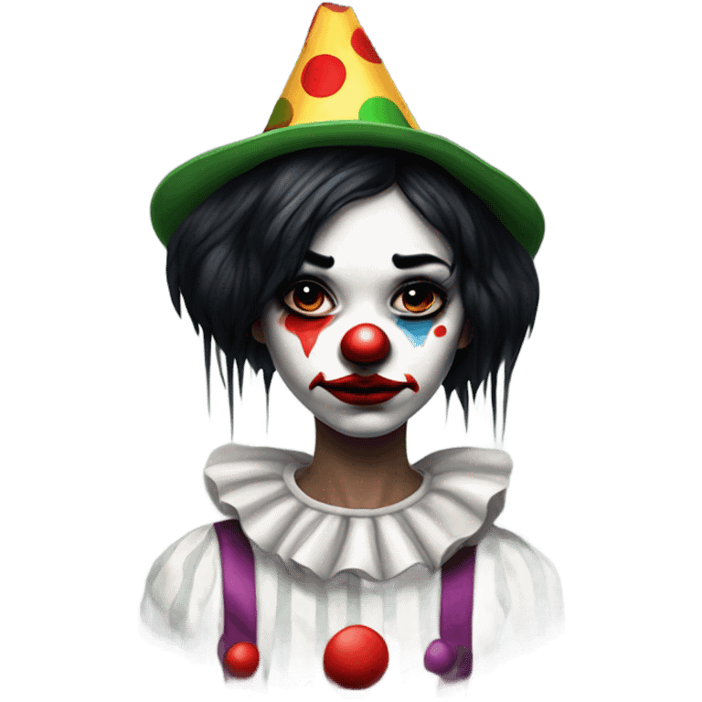 Sad clown girl with clown face paint wearing jester hat with straight black hair exaggerated expression of sadness on her face  emoji