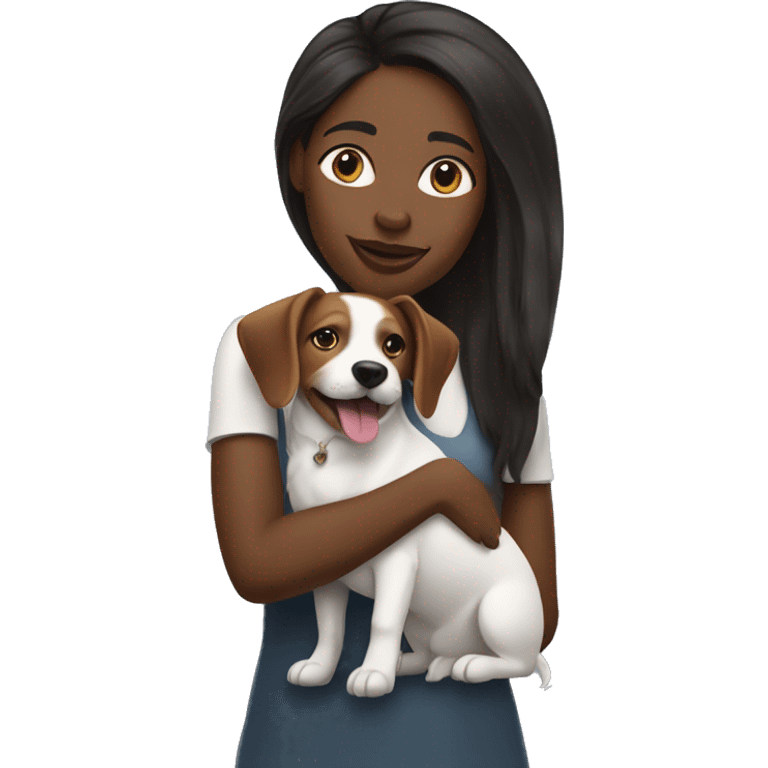 Black woman with long hair holding jack Russell terrier emoji