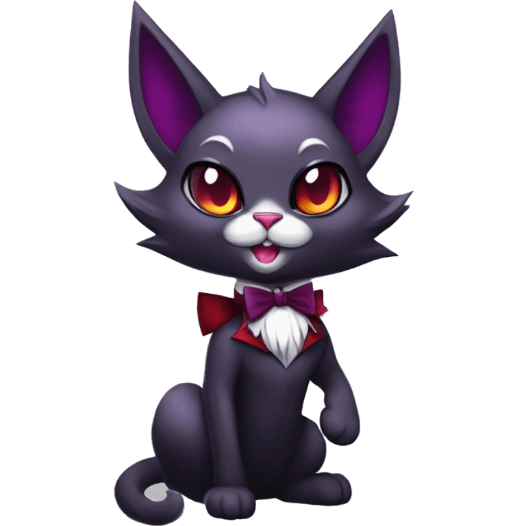 Anthro-Cute-Edgy-Vampiric-Batty-Cat-Black-Purple-Red-Grey-White-Yellow-Contrast-Colors-Fantasy-Fur-Sona-Chibi-Shiny-Fakémon-Hybrid with horns and big fangs collar bow ties leg spats full body emoji