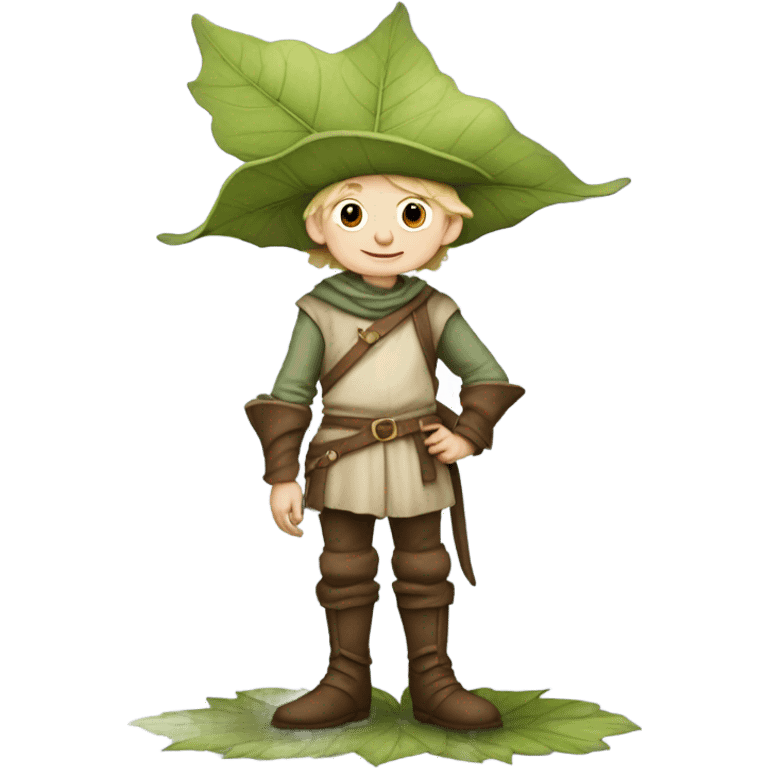 whimsical fairytale medieval pale boy who is tiny and wearing a giant leaf hat and big boots emoji