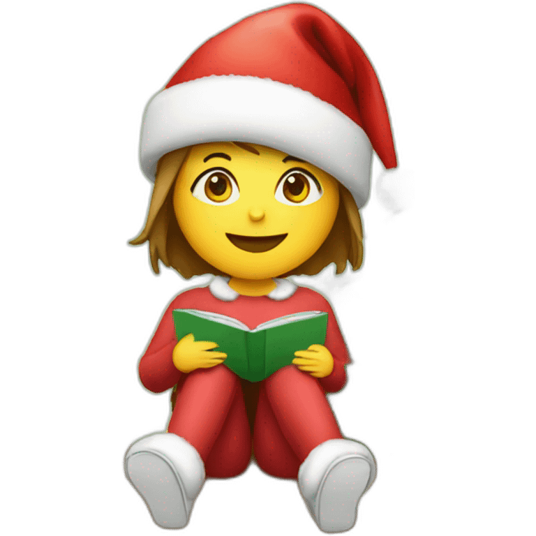 Girl with Christmas hat on sitting beside Christmas tree emoji