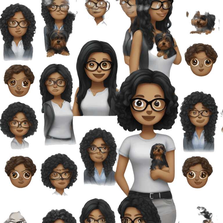 A White girl with curly medium length black hair and glasses holding a Yorkie  emoji