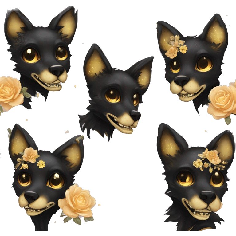 Black iridescent dog fox zombie skeleton gold mechanical nebula galaxy stars flowers fairy lights vintage emoji