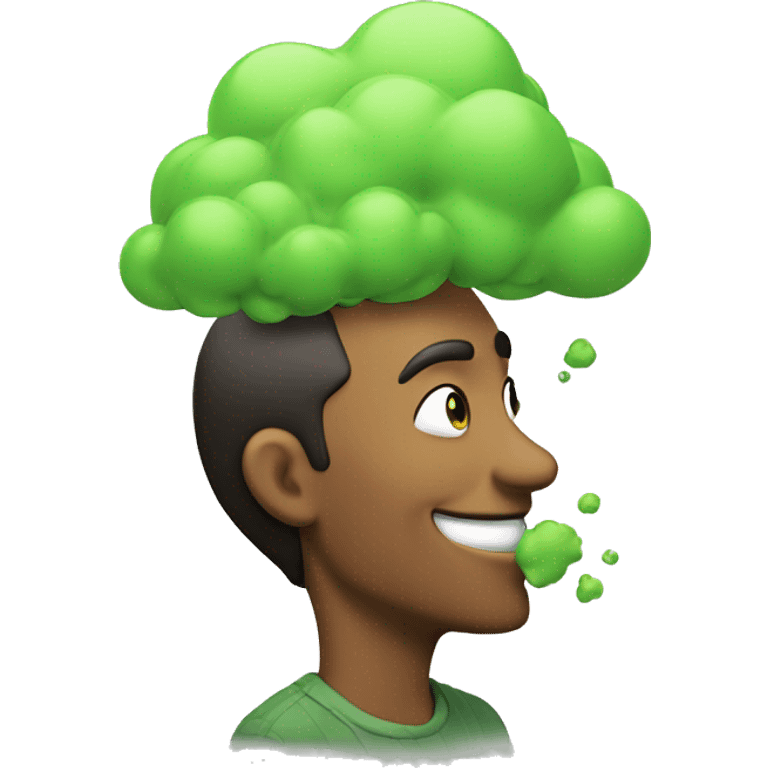 Very satisfied looking smiling man taking a deep sniff of green cloud emoji