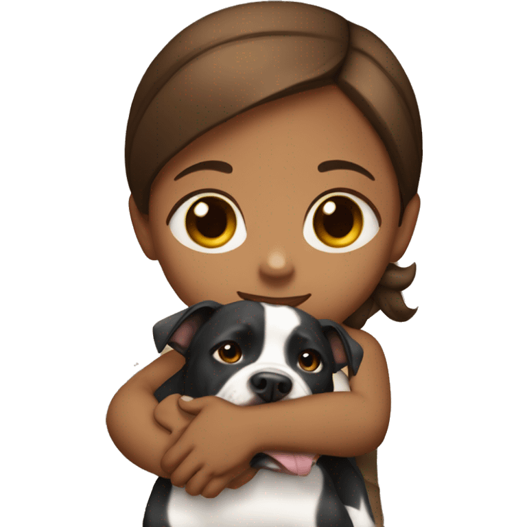 Brown little girl hugging black and white pitbull emoji