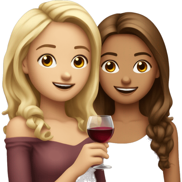 A blonde beautiful girl and a  super cute beautiful girl with brown hair drink wine together emoji