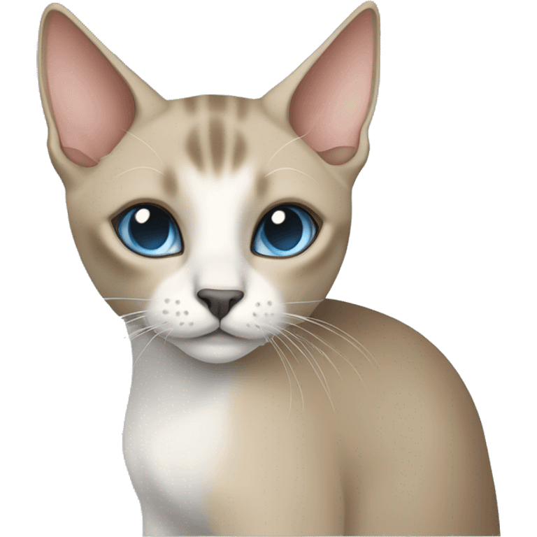 Thai breed cat with a light cream-brown body, dark gray nose and face, ears, and paws. sharp ears, and striking light blue eyes  emoji