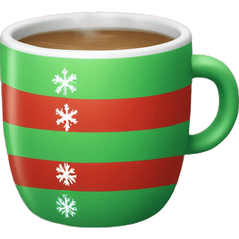 mugs with a hot drink decorated with snowflakes or a striped caramel stick. Steam rises from the mug in the shape of hearts. The color of the mug is warm red or green to convey the New Year mood emoji