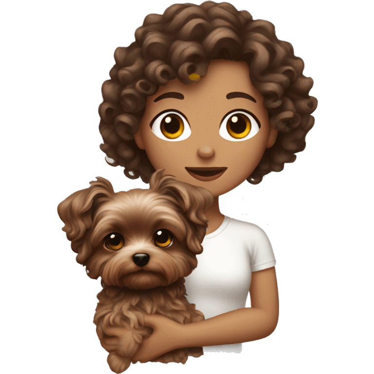 curly brunette hair, white women holding a cute yorkie dog emoji