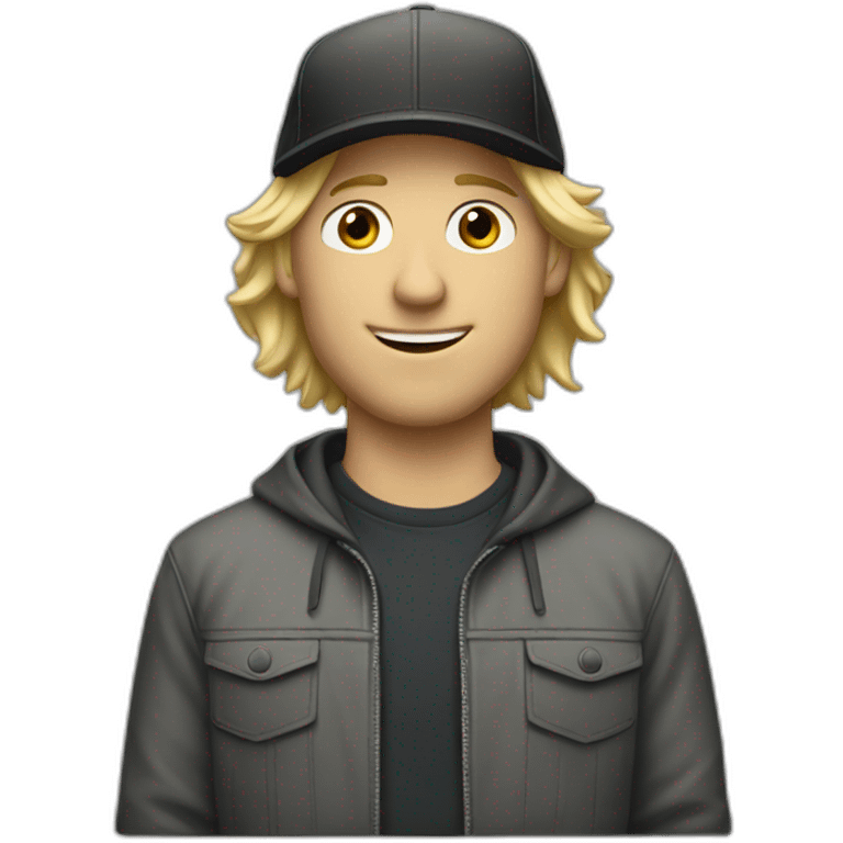 blonde guy wearing a cap with a mac book pro emoji