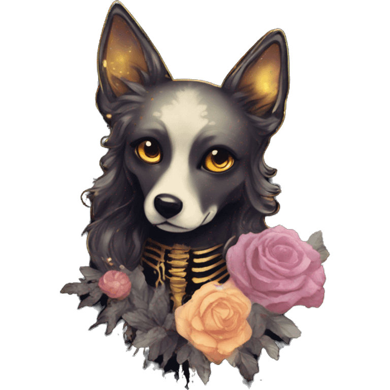 Black iridescent dog fox zombie skeleton gold mechanical nebula galaxy stars flowers fairy lights vintage emoji