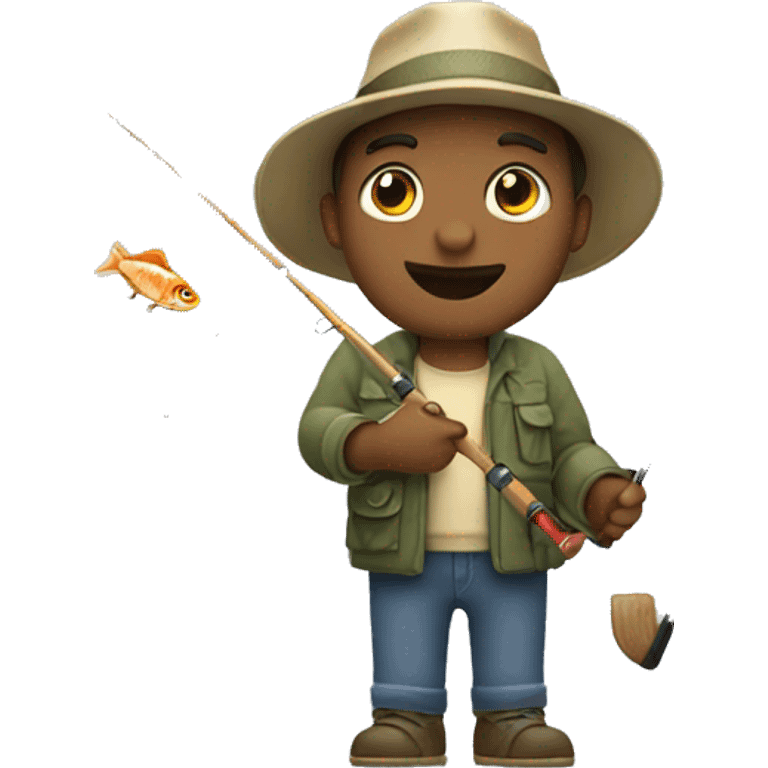 man wearing fishing hat holding fishing rod hooked with large fish emoji