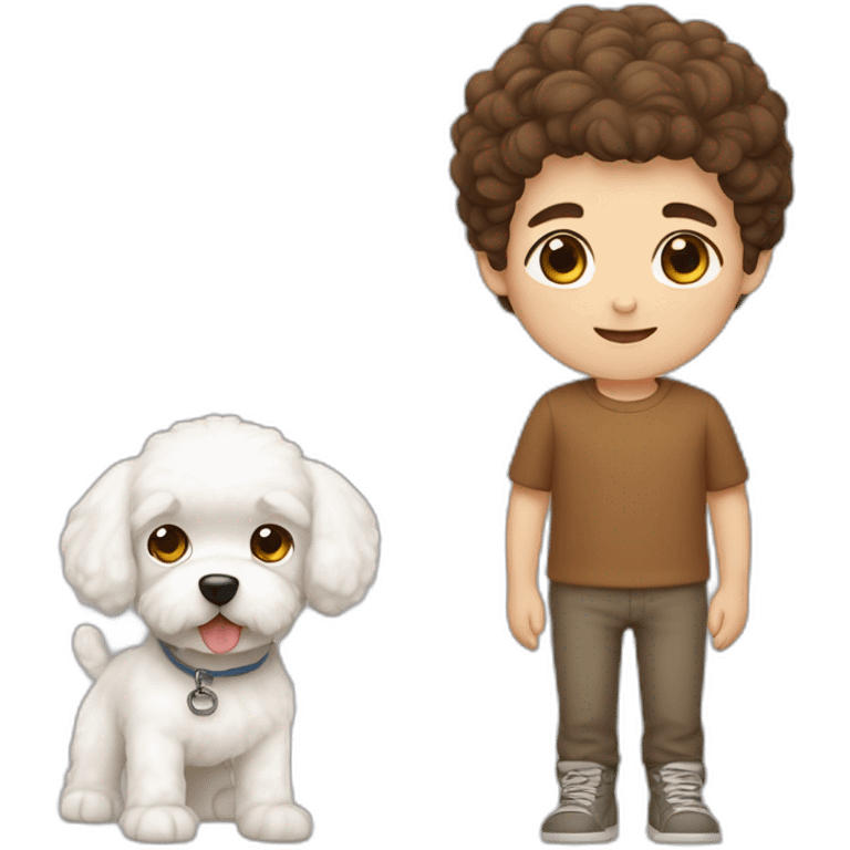 a boy with brown hair with a white dog bichon maltes emoji