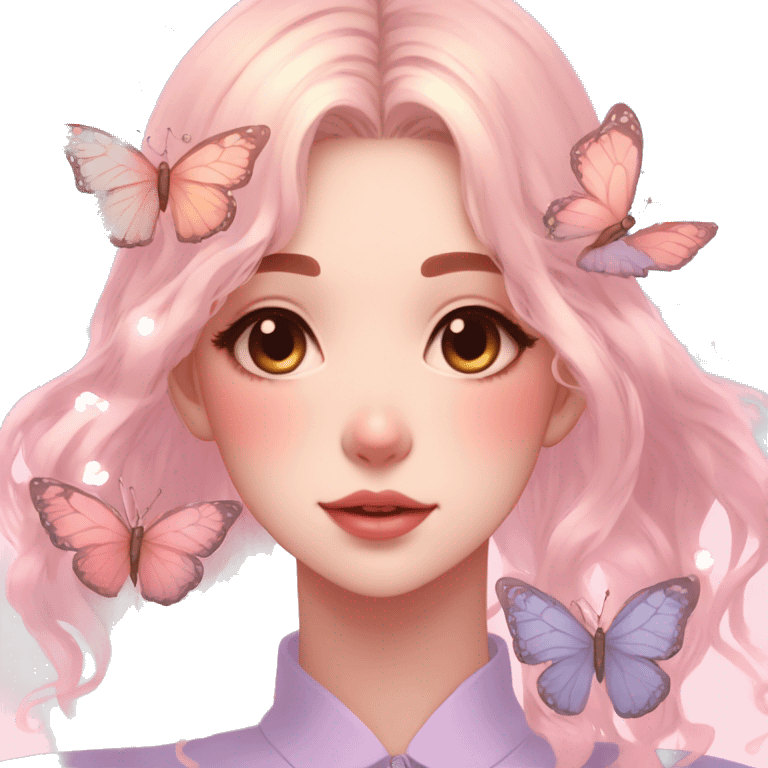 Gorgeous pastel anime style lady with blushing face and butterflies aesthetic trending style emoji