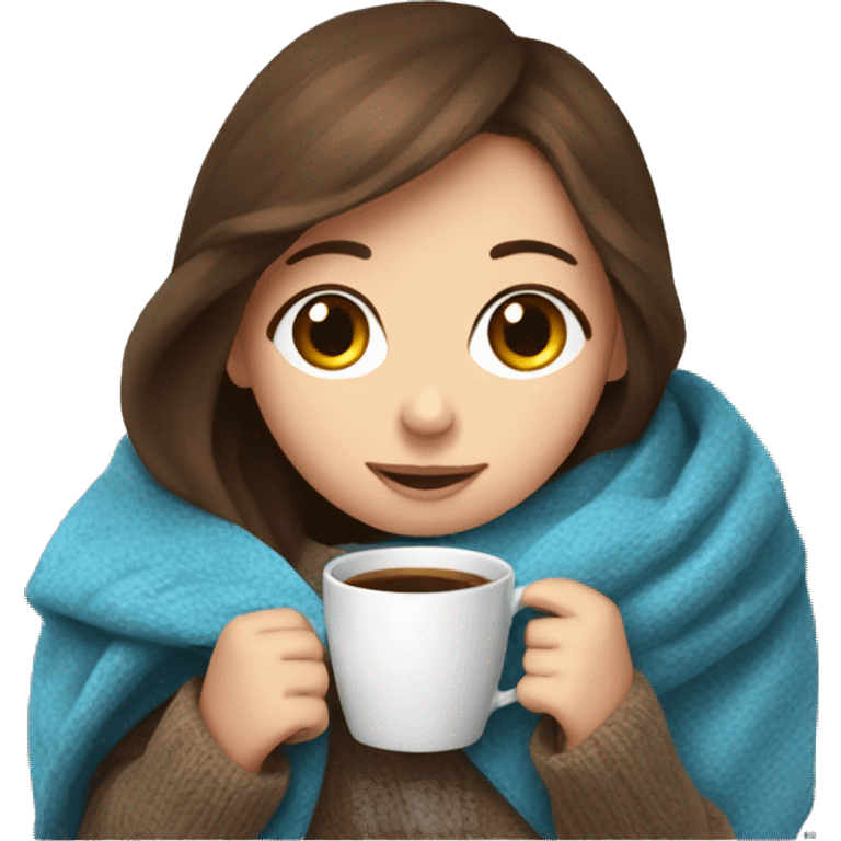 Brown hair blue eye Girl drinking coffee, with a cozy blanket emoji