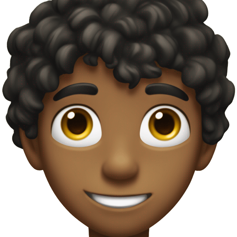 "Close-up of a young boy's face with tousled black hair, tanned skin, and big, expressive brown eyes full of curiosity. He has a playful smile and slight freckles, set against a blurred jungle background." emoji