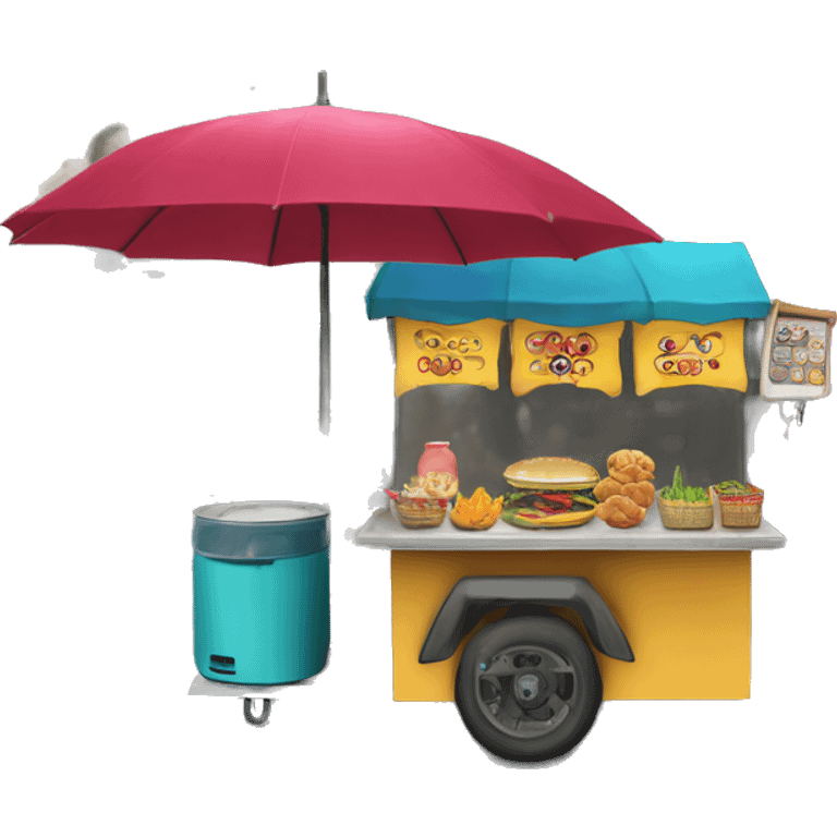 An emoji of a street food cart with a small table, colorful umbrella, and various food items on display emoji