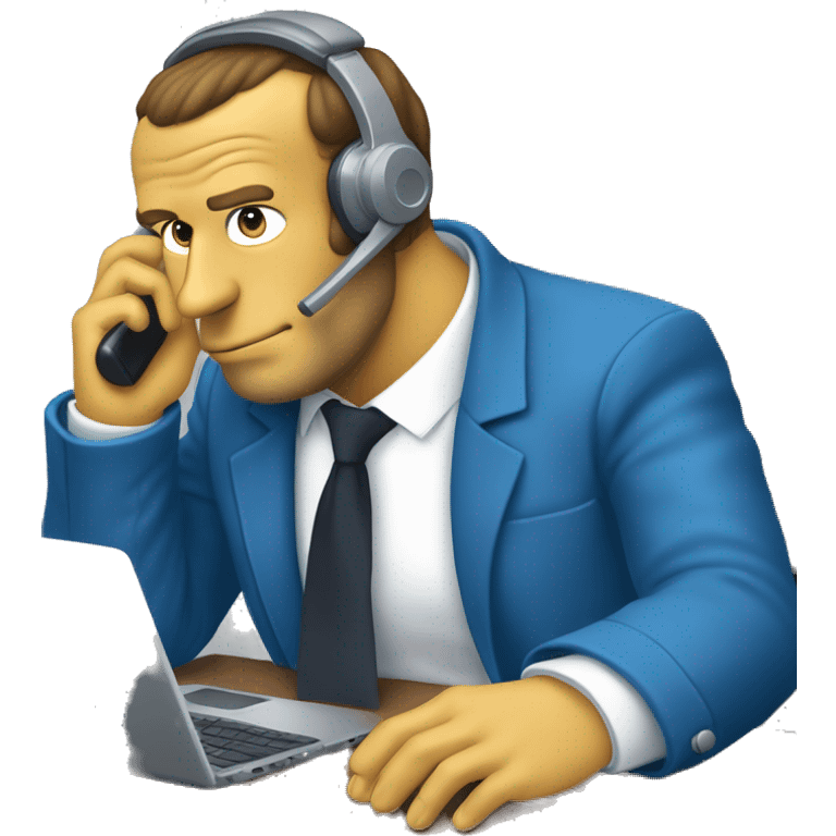 Emmanuel Macron in simpson style dressed as camrom blue outfit making a phone call on a flip phon  emoji