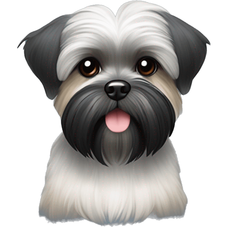 Shih tzu black puppy, yorkie coloring with light colored schnauzer eyebrows. Round face, short ears  emoji