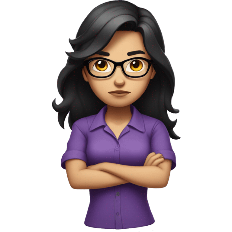 Angry scowling girl, purple shirt, long black hair, wearing glasses, with arms crossed over chest. emoji