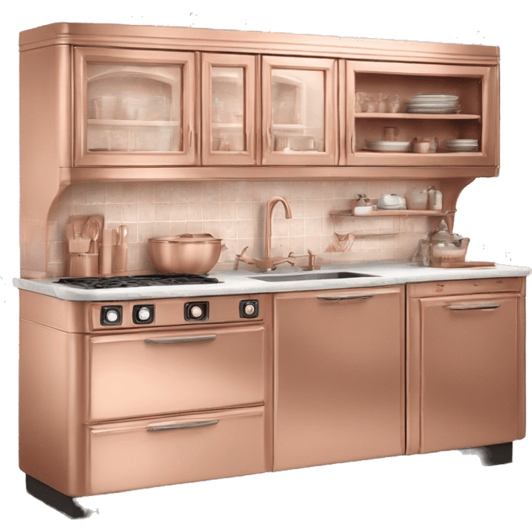 Realistic rose gold retro vintage kitchen with counters and cabinets. emoji