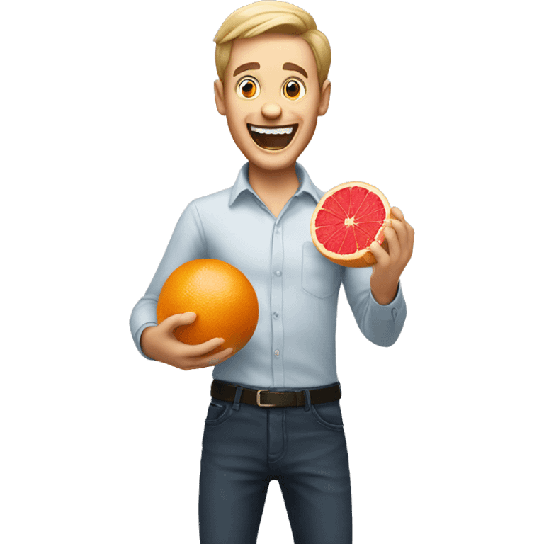 Excited white man holding a grapefruit emoji