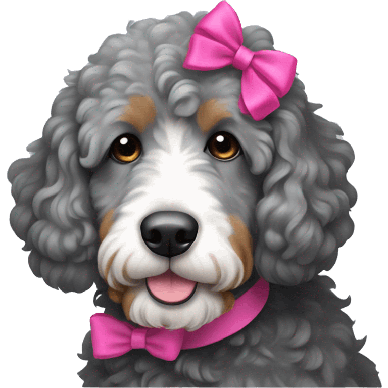 All grey Bernedoodle wearing a hot pink bow in hair emoji