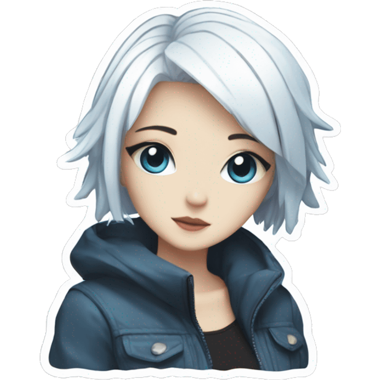 anime girl with short white hair, blue eyes, cyberpunk, kawaii sticker emoji