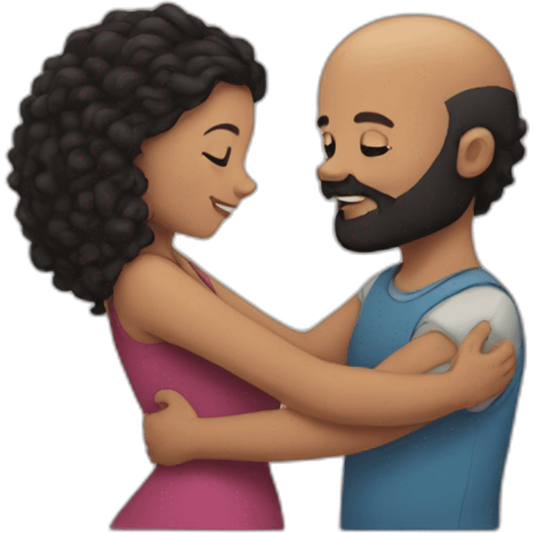 Bald boy with black beard hugging a girl with curly dark hair emoji