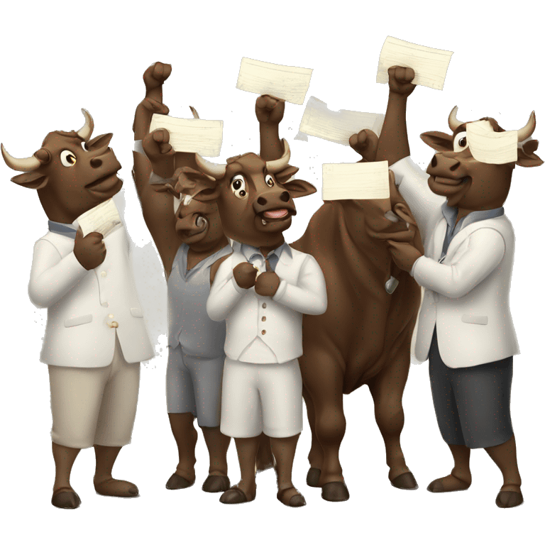 Group of bulls having buy note on hands emoji