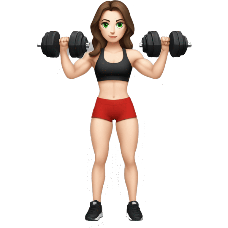 fitness girl with Brown Hair, Green Eyes, Pale Skin, Red Sports-Bra and a Black Bikershorts doing biceps curls with a Dumbell emoji